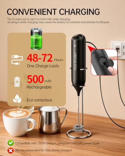 Image of CIRCLE JOY Rechargeable Milk Frother Handheld with Stand, Dual Spring Whisk Head Electric Coffee Frother Foam Maker, Portable Drink Mixer for Cappuccino, Latte, Matcha, Black