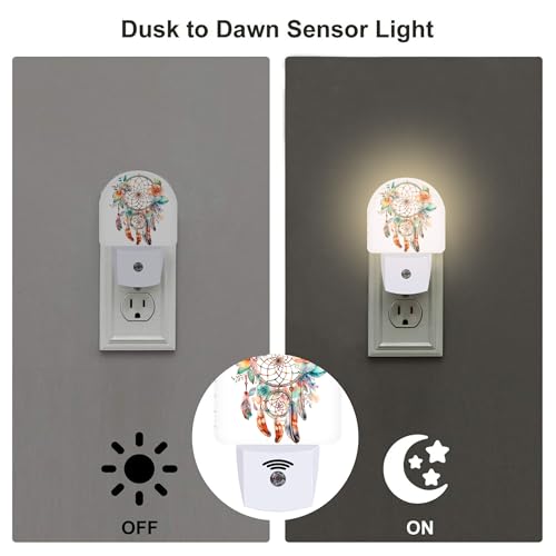 Image of Boho Dream Catcher Flowers Night Light, Watercolor Boho Feathers Floral Dusk to Dawn Night Light Plug in, 0.5w Energy Saving Sleep Friendly NightLight for Kids Boys Girls Home Decor