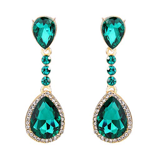 Clearine Boucles d'Oreilles Clip Pendentif Élégant Femme Mariage Mariée Double Goutte d'Eau Cristal Strass Ton d'Or Vert Cover