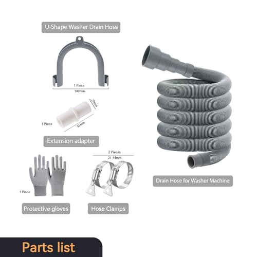 65-Ft-Washing-Machine-Universal-Drain-Hose-Flexible-Dishwasher-Drain-Hose-Extension-Kits-Corrugated-Replacement-Washer-Hose-Repair-2-Clamps-1-U-Bend-Holder-1-Adapter-1-Protective-gloves-Gray