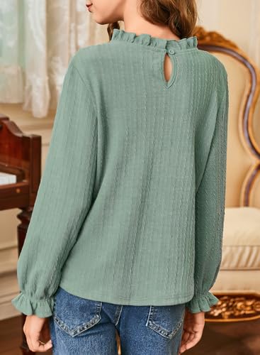 DOKOTOO KIDS Girls Shirts Fall Casual Long Sleeve Tops Ruffle Crewneck Ribbed Knit Cute Shirt 2025 Trendy Back to School Tee Girl Fashion Dressy Blouses Comfort Puff Clothes Green 6-7 Years