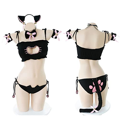 Juig Encantadores Disfraces de Cosplay de Neko, Lindo Collar de Gato Lolita, Sujetador Perforado, Conjunto de Ropa Interior, lencería Sexy, Gargantilla de Campana, Top, Bragas y Cola