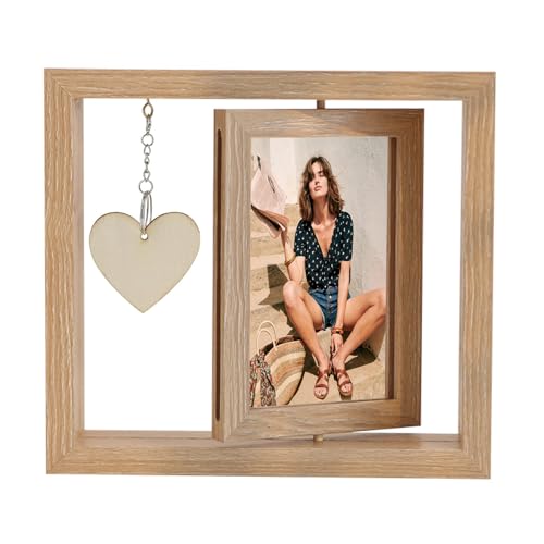 CHUANFU Holzmaserung Bilderrahmen Drehbare 10 x 15 cm, 360 Grad Holz Drehbare Fotorahmen mit Herz Anhänger Personalisiert Doppelseitiger Fotorahmen Erntedankfest Geschenk, Holzmaserung