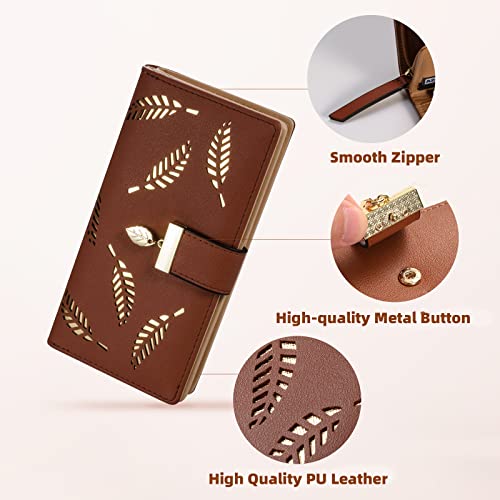 Image of Sweet Cute Chocolate Women's Long Leaf Bifold Wallet Leather Card Holder Purse Zipper Buckle Elegant Clutch Wallet Handbag for Women - Brown