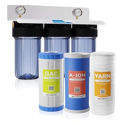 Max Water 3 Stage (Sediment, Tannin/Nitrate, Odor & Improving Taste) Whole House (10 inch x 4.5 inch), Water Filtration System with Double O Ring Housing - Sediment + Anion + GAC - 1" Inlet/Outlet