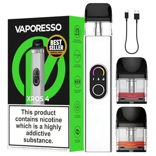 Vaporesso Xros 4 Vape Kit [Silver] - [10 COLOURS] - 1000mAh Battery 2A Fast Charge (30 Min) 30W Output Triple Power Levels Anti-Leak - Works with XROS Pods - No Nicotine