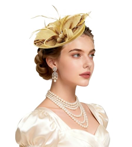 Ammiko Fascinators Hats for Women Tea Party Hat Feather Pillbox Derby Hats with Headband 2026 Vintage Headwear Church Gold One Size