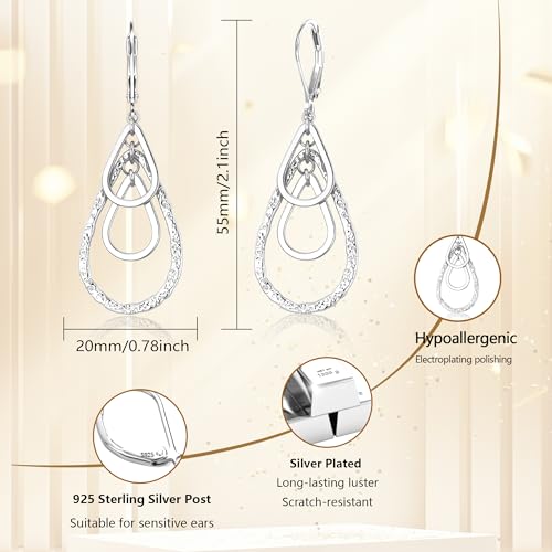 925 Sterling Silver 14K Gold Plated Teardrop Dangle Earrings for Women, ALEXCRAFT Hypoallergenic Silver Teardrop Earrings Drop Hammered Dangling Earring Leverback Dangly Earings3