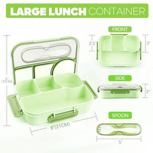 Image of EASYFUN Bento Box Adult, Lunch Box, 4-Compartment Lunch Containers, Drop-Proof, Dishwasher Safe & Made with BPA-Free Materials (Green)