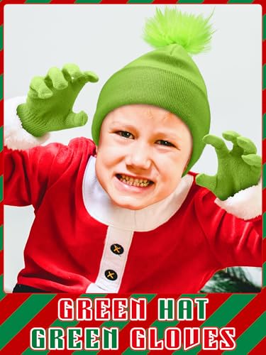 Image of Hicarer Christmas Cosplay Pom Beanie and Gloves Set Neon Green Knitted Winter Cuffed Beanie Cap Gloves Kit for Women Men Xmas Party