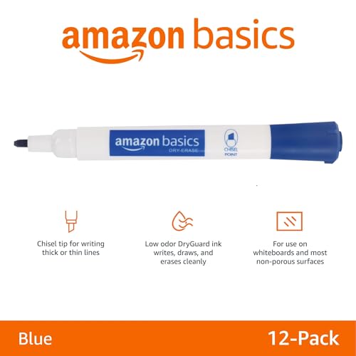 Image of Amazon Basics Dry Erase Whiteboard Markers, Chisel Tip, Low-Odor, Blue, 12-Pack, For Drawing, Sketching and Writing