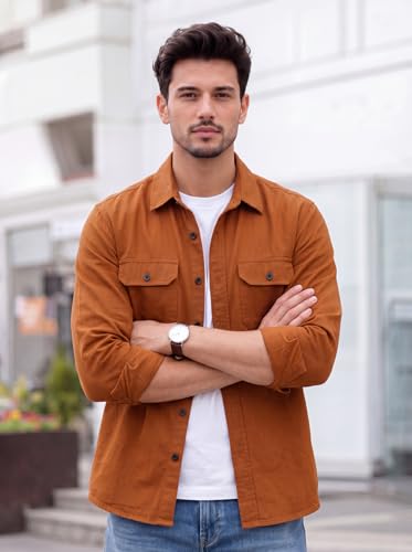 Image of Amazon Brand - INKAST Men's Cotton Blend Button Down Shirt | Long Sleeve Casual Lightweight Breathable Collared Shirts | Soft Comfortable Everyday Wear |Two Flap Chest Pockets |Using like Jacket Shirt