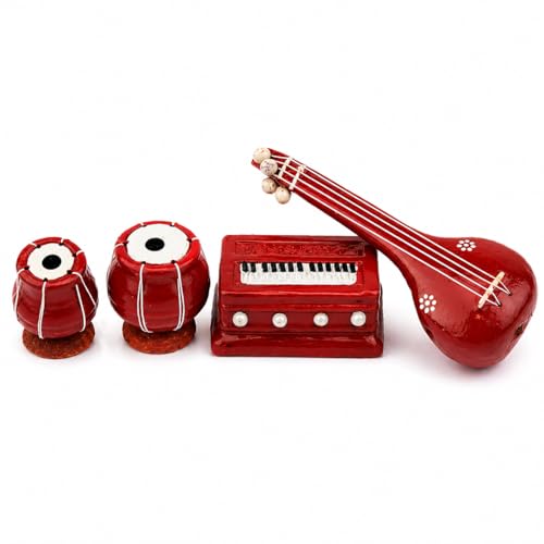 Image of Classic Terracotta Clay Miniature Musical Instruments Combo | Handmade Clay Tabla Veena Harmonium Showpiece for Home Decor, Return Gift, Table Decoration, Indian Handicraft