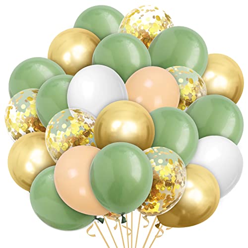 Globos retro, verde y blanco, 60 globos de látex de confeti dorado, globos de oro metálico, globos de helio verde aguacate de 12 pulgadas para cumpleaños, baby shower, boda, graduación, celebraciones