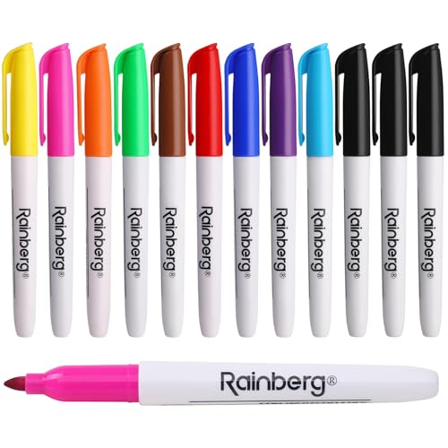 Rainberg Dry Erase Marker Pens, Pack of 12 Assorted Colours, 3mm Fine Tip, Low Odour, Quick-Drying & Easy Wipe, Ideal Dry Wipe Whiteboard Pens for School, Office, Home & Classroom