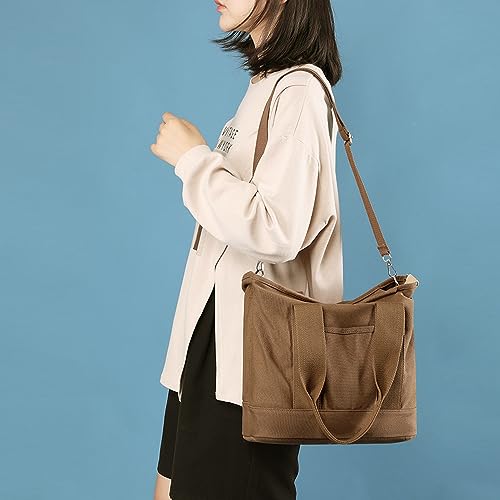 Image of Canvas Tote Bag for Women,Small Totes Bags with Zipper Crossbody Purse with Pockets Large Shoulder Handbag,2 Sizes
