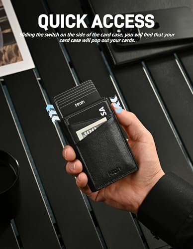 Men's Slim Premium Leather Wallet Pop Up Card Holder RFID Blocking Metal Wallet with Push Button Minimalist Design for Credit Card Holder Magnetic Closure (Black)2