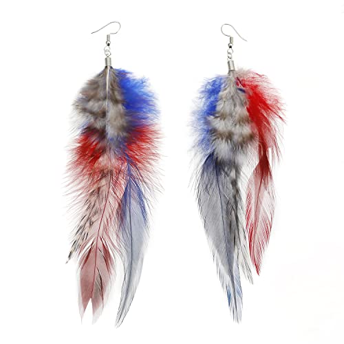 Yinris Long Bohemian Pheasant Feathers Statement Earrings Handmade Natural Lightweight Feather Dangle Earrings For Women And Girls (Ea000067) (Red&Blue A) #TOP3