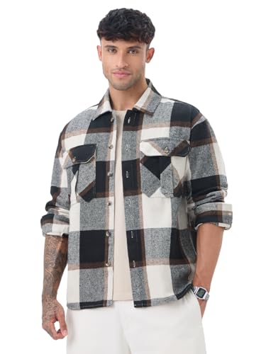 Image of The Souled Store Plaid: Men and Boys Full Sleeves Spread Collar Cotton Twill Warm Durable Heavy Winter Oversized Shackets