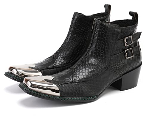 Santimon Mens Western Chelsea Boots Genuine Leather Casual Square Toe Metal Tip Zipper Dress Ankle Boot