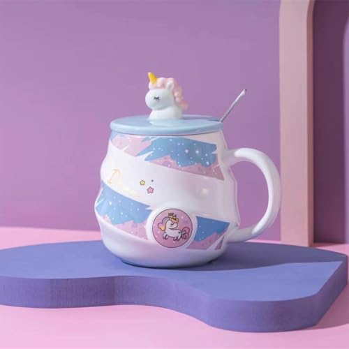 Image of Spooky Unicorn Ceramic Mug with Lid and Spoon - 400ml Cartoon Coffee Cup for Kids, Girls & Women - Gift for Birthday, Office, Christmas, Valentine's Day - Ins-Style Animal Tea Mug (Blue)