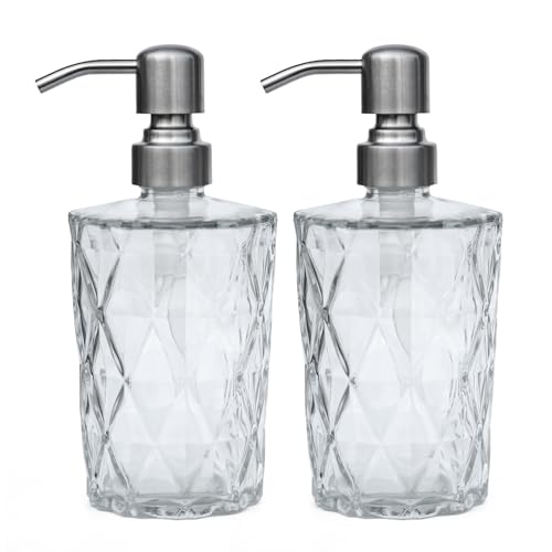 Image of 16 OZ Diamond Design Soap Dispense with 304 Rust Proof Stainless Steel Pump Glass Soap Dispenser Kitchen Soap Dispenser Bathroom