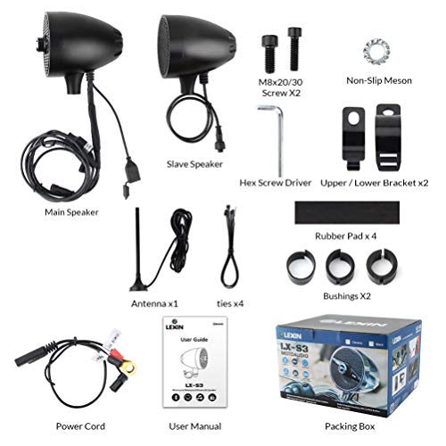 LEXIN LX-S3 New Metal Motorcycle Bluetooth Speaker with FM Radio, Motorcycle Audio Systems with USB Port for Charging, Fit 0.87 to 1.25 inch Handlebar for Harley-Davidson Yamaha Indian Scout, Black
