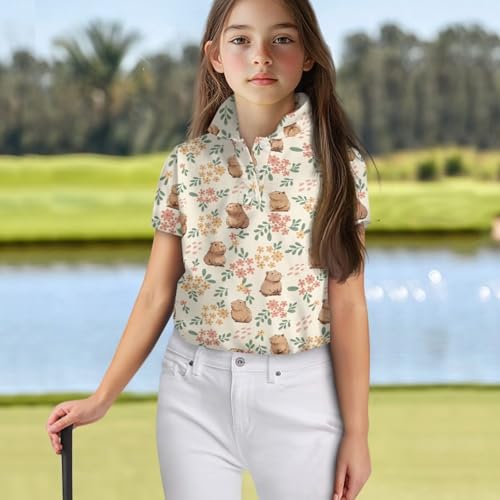Girls Short Sleeve Golf Shirt Button Up Summer Tennis Shirts Golf Tops Outfit with Collar for Kids Teens Size 5-164