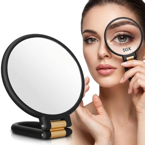 Générique Miroir Grossissant de Maquillage x50, Double Face Portable et Mural avec Poignée Réglable 360° pour Soins de la Peau, Beauté et Voyage