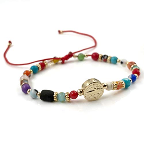 St Benedict Genuine Azabache Jet Stone and Colorful Evil Eye Beads Red String Bracelet for Women3