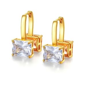 Gold Crystal Earrings, Clear and Champagne Octagon Cut Crystals Earrings for Women Trendy, 14k Gold Plated Double Sided Cubic Zirconia Hoop Earrings, November Birthstone Jewelry Gift