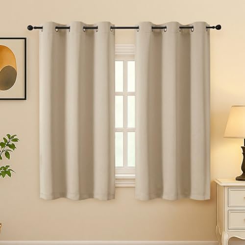 Image of Simplebrand Biscotti Beige Curtains for Bedroom 54 Inch Length 2 Panels Set, Room Darkening Thermal Insulated Energy Saving Curtains for Nursery, Grommet Solid Soft Window Treatment Drapes, W40 x L54