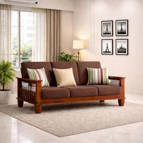Image of 5 Seater Solid Sheesham Wood Sofa Set for Living Room | Wooden Sofa Set | Sofa Set Furniture for Home| 3+1+1 Sofa Settee -Honey Finish