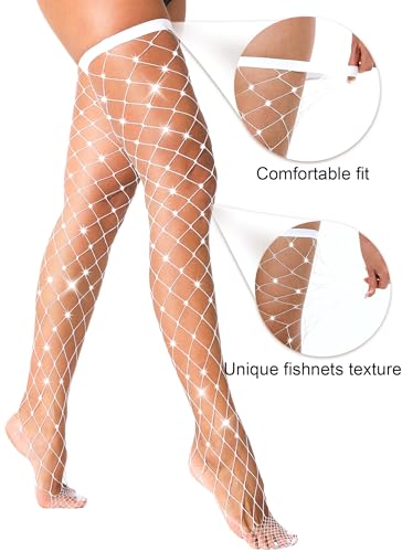 Image of VOAKOW 2 Pairs Thigh High Fishnet Stockings Sparkly Fishnet Tights for Women, Rhinestone Fishnets Stockings