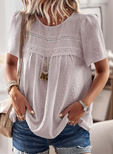 Image of Falechay Womens Summer Tops Crewneck Short Sleeve Shirts Casual Chiffon Blouses Flowy Lace Hem Boho Clothing Trendy 2026