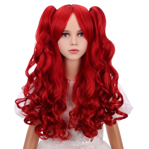 WAVELNM Red Wig for Kids Girls Burgundy Red Wig with Bangs Kids Ponytail Wigs Child Long Curly Wavy Wigs for Daily Halloween Party Cosplay