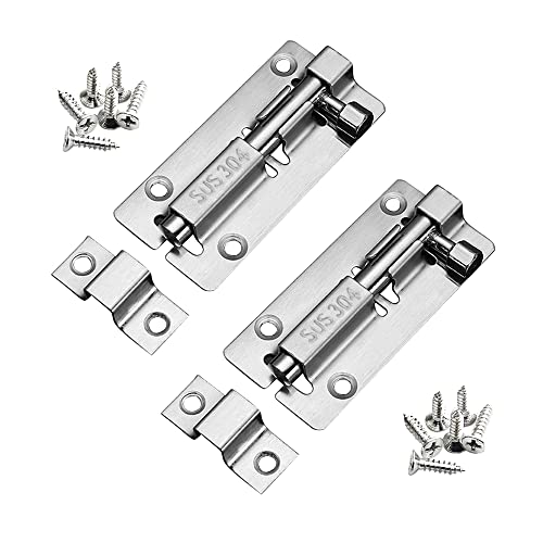 YUOIP® Door Latch Gate Sliding Barrel Bolt Stainless Steel Small Door Lock(3 in)(2 Pack)(Stainless Steel Screws)