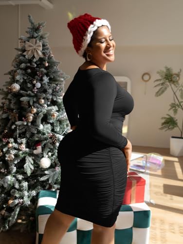 LAGSHIAN Women's Plus Size Sexy Bodycon Long Sleeve Scoop Neck Ruched Basic Midi Party Dress3