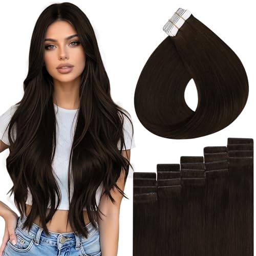 Image of Full Shine Tape in Extensions Human Hair 16 Inch Color 2 Dark Brown Invisible Hand Tied Weft Hair Extensions Real Human Hair Tape in 20PCS Natural Seamless Soft and Silky 40g Add Volume