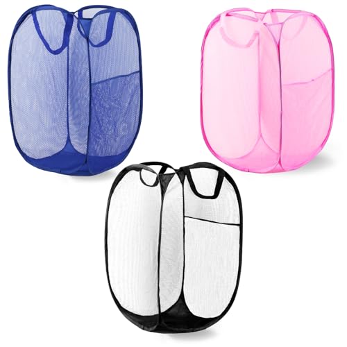 Image of Pop Up Laundry Hamper, Mesh Laundry Basket Collapsible, Foldable Hamper for Travel and Storage, 3 Pack (Black+Pink+Blue)