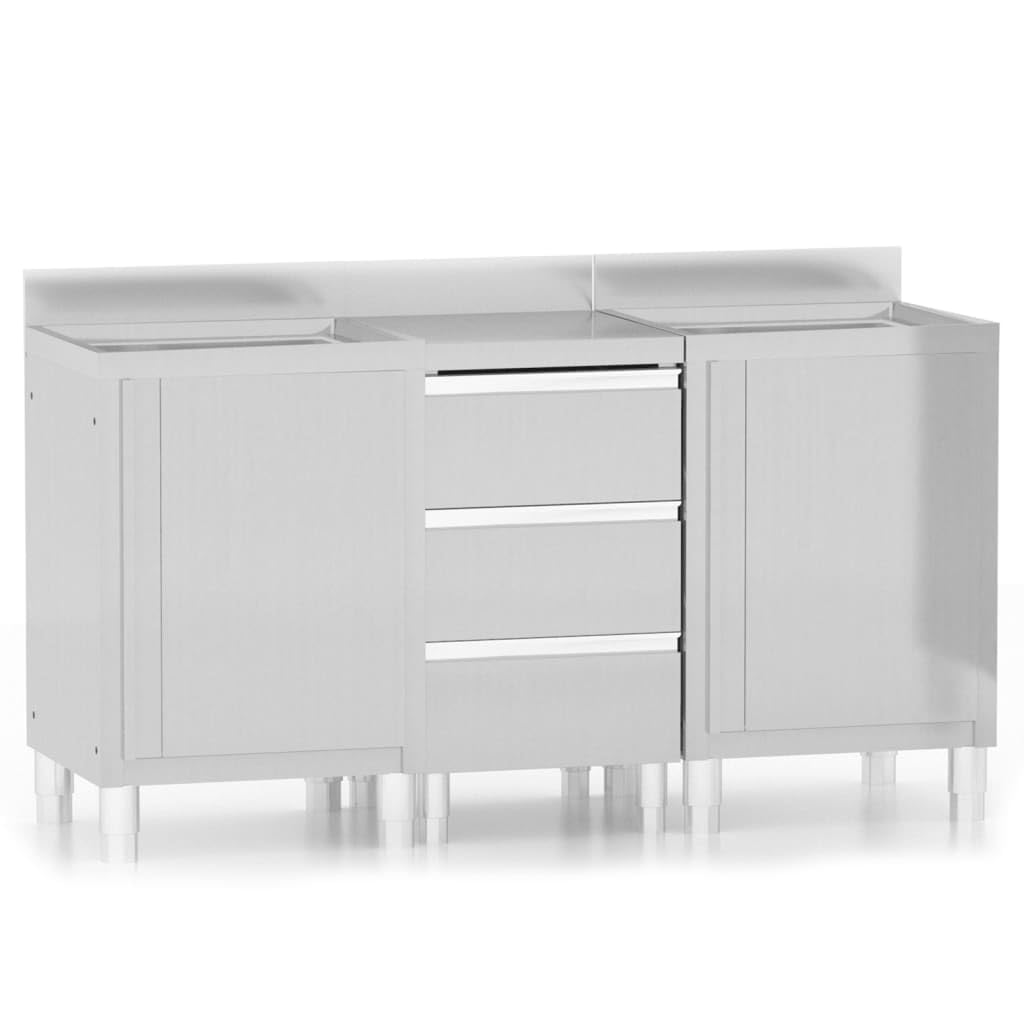 Gewerblicher Edelstahlschrank 3-TLG. Set mit Spülbecken und Schubladen, Gastronomie Edelstahl Küchenschrank mit Aufkantung für Restaurant und Küche