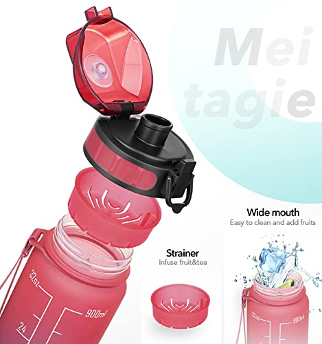 Image of 32oz Motivational Water Bottle with Time Marker & Fruit Strainer, Leak-proof BPA Free Non-Toxic 1l Bottle with Carrying Strap, Perfect for Fitness, Gym and Outdoor Sports (Ombre: Dark Rainbow)