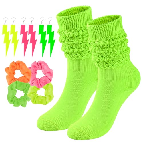 Neon Slouch Socks for Women, 80s 90s Scrunch Knee High Socks with Neon Earrings and Scrunchies for 80s 90s Party