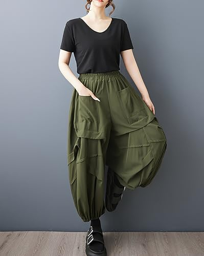 ellazhu Women's Pants Elastic Waist Two Pockets Solid Plus Size Lantern-Shape Wide Leg Casual Fashion Summer GZ561 A2