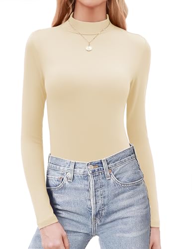 Zeagoo Camiseta de Mujer Cuello Alto Manga Larga Slim Fit Elástica Ligera Camiseta Interior Térmica Tallas XS-XXL Amarillo L
