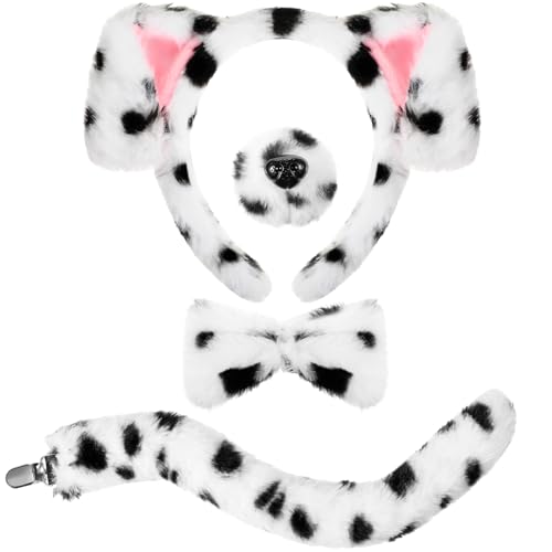 SATINIOR Welpen Kostüm Set Tierkostüm Set Hundekostüm Set Hundeohr Stirnband inklusive Puppy Haarreif mit Ohren Bowtie Schwanz Falsche Nase für Erwachsene Maskeraden Karneval (Weiß, Dalmatiner)