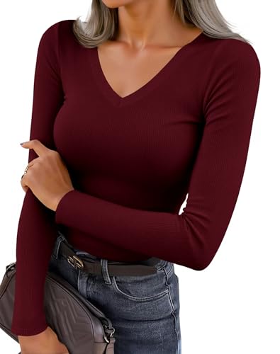 Fisoew T-shirt à manches longues sexy pour femme, avec col en V, manches longues, côtelé, couleur unie, coupe ajustée, rouge bordeaux, L