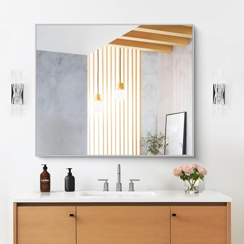 Image of DESBING 30 inch x 30 inchBathroom Mirror, Silver Rectangle Corner Wall Mirror with Metal Frame, Decorative Rectangular Vanity Mirror for Bedroom Bathroom Living Room Entryway (Horizontal /Vertical)
