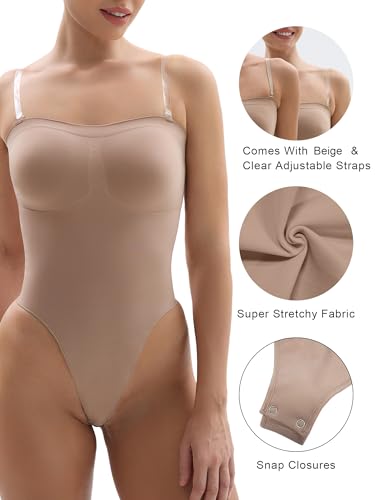 Image of SHAPERX Strapless Bodysuit for Women Tummy Control Seamless Shapewear Thong Body Shaper with Invisible & Removable Straps