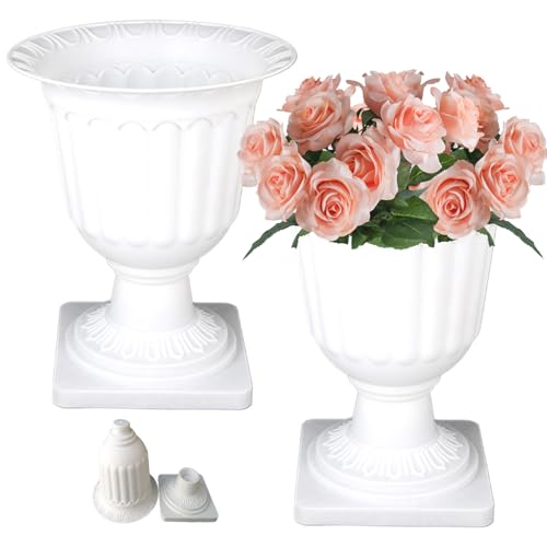 2PCS Urn Planter 13.8 Inch Plastic White Garden Planter Urns with Pedestal Vase Retro Wedding Flower Pot Classic Decorative Outdoor Planter for Wedding Church Porch Balcony